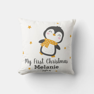 Cute Penguin baby's first christmas on white Throw Pillow