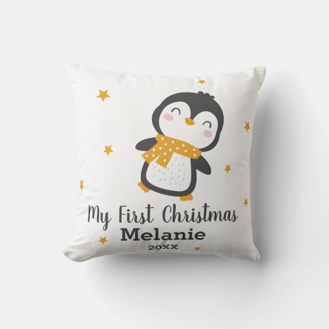 Cute Penguin baby's first christmas on white Throw Pillow (Front)