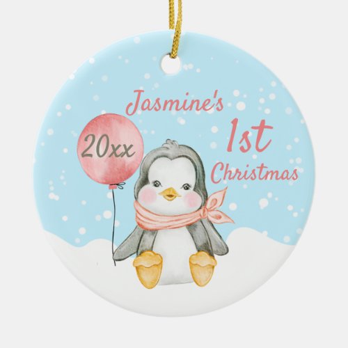 Cute Penguin Babys First Christmas Pink Ceramic Ornament