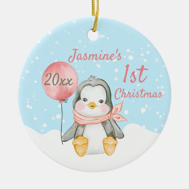 Cute Penguin Baby's First Christmas Pink Ceramic Ornament (Front)