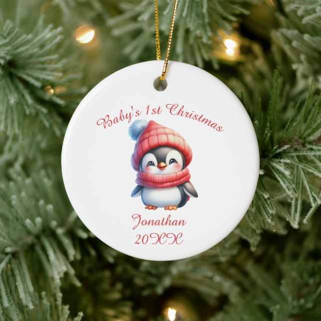 Cute Penguin Baby's First Personalized Ceramic Ornament (Tree)
