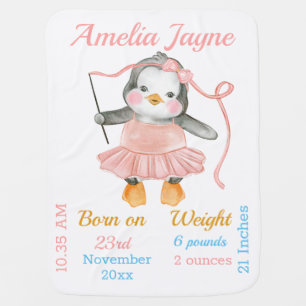 Cute Penguin Ballerina Pink Baby Girl Stats Baby Blanket