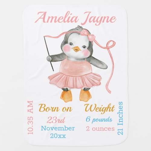 Cute Penguin Ballerina Pink Baby Girl Stats Baby Blanket