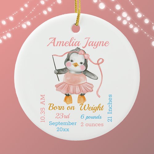 Cute Penguin Ballerina Pink Baby Girl Stats  Ceramic Ornament