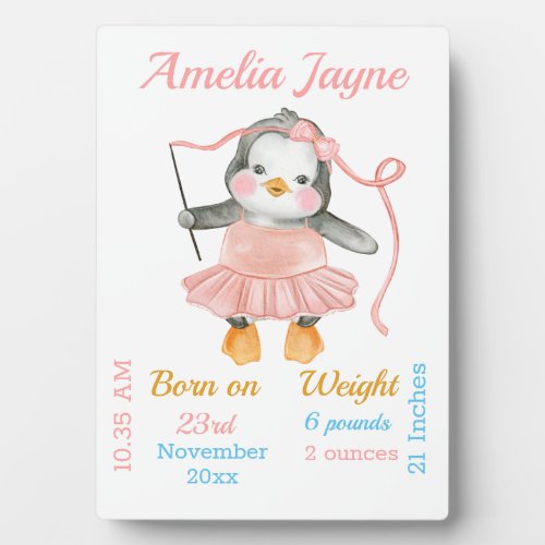 Cute Penguin Ballerina Pink Baby Girl Stats  Plaque