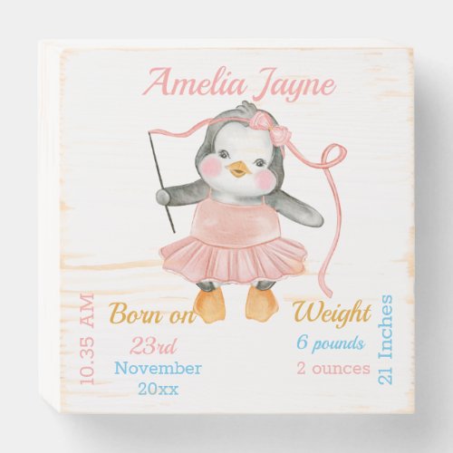 Cute Penguin Ballerina Pink Baby Girl Stats Wooden Box Sign