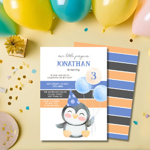 Cute Penguin Balloon Boy Birthday Invitation