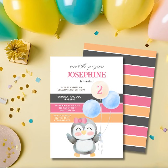 Cute Penguin Balloon Girl Birthday Invitation (Creator Uploaded)