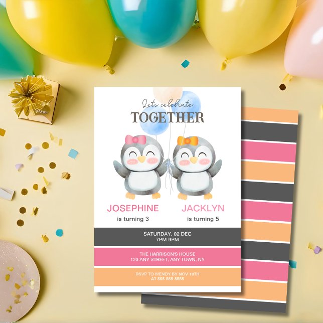 Cute Penguin Balloon Girls Joint Birthday Invitation (Creator Uploaded)