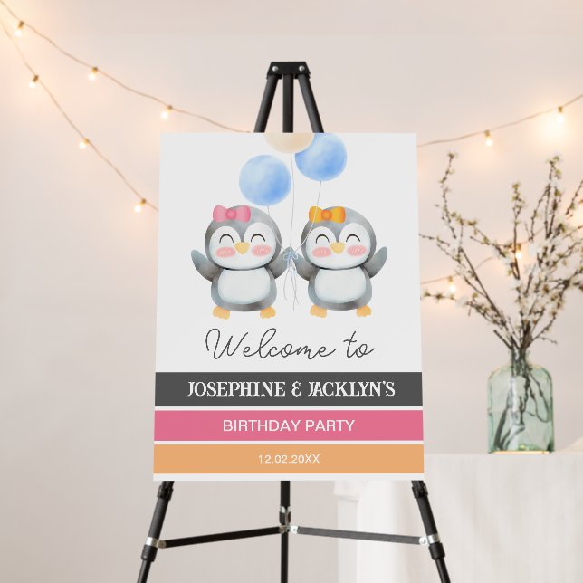 Cute Penguin Balloon Girls Joint Birthday Welcome Foam Board (In Situ (Stand))
