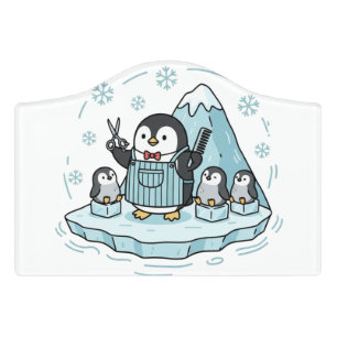 Cute Penguin Barber Family - Arctic Hair Salon Doo Door Sign