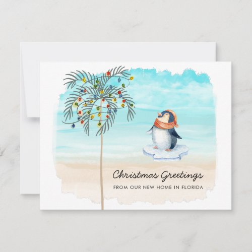 Cute Penguin Beach Scene Family Holiday Moving Announcement