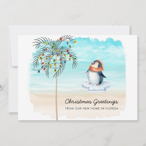 Cute Penguin Beach Scene Family Holiday Moving Announcement