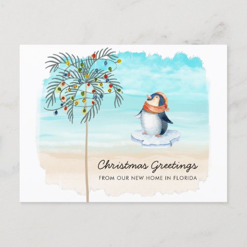 Cute Penguin Beach Scene Family Holiday Moving Announcement Postcard