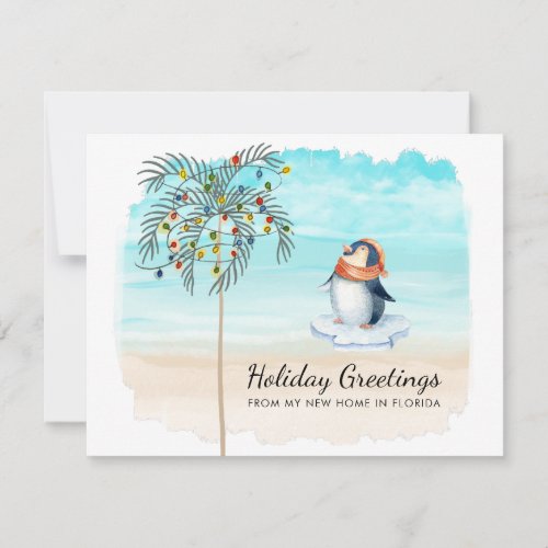 Cute Penguin Beach Scene Palm Tree Holiday Moving  Announcement