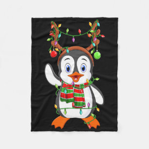 Cute Penguin Bird Xmas Lights Reindeer Hat Penguin Fleece Blanket