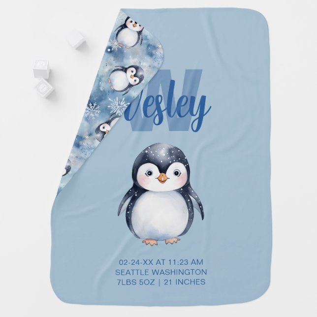 Cute Penguin Birth Stats Baby Blanket (In Situ)