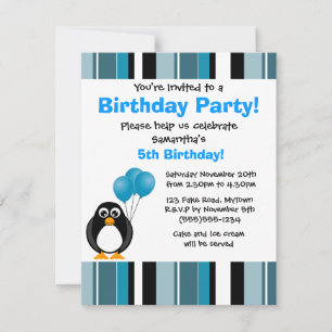 Cute Penguin Birthday Blue Stripe Party Invitation