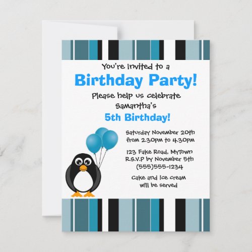 Cute Penguin Birthday Blue Stripe Party Invitation