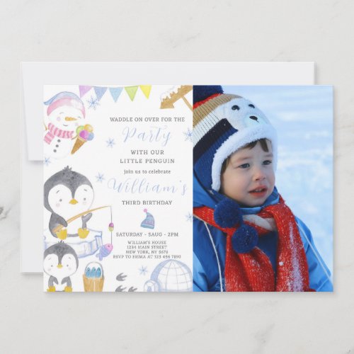 Cute Penguin Birthday Invitation With Photo