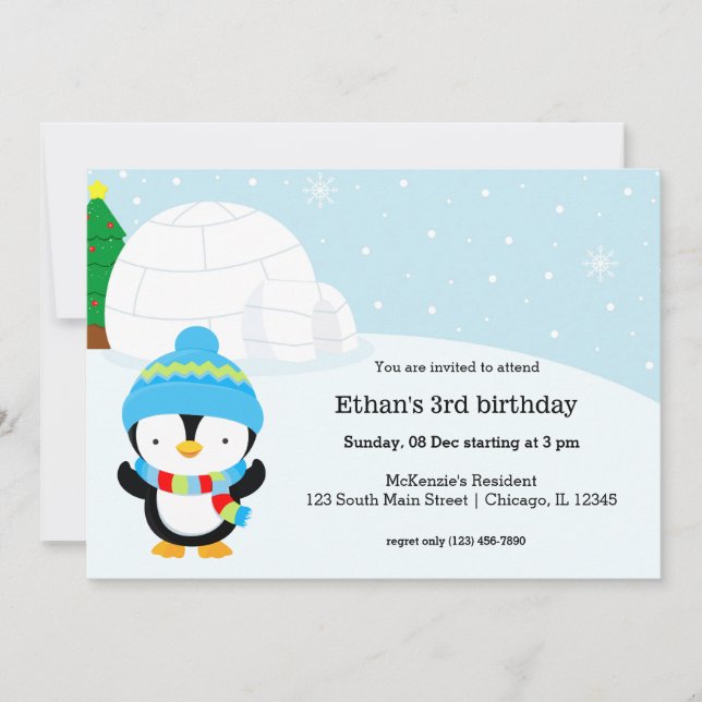 Cute penguin birthday party invitation (Front)
