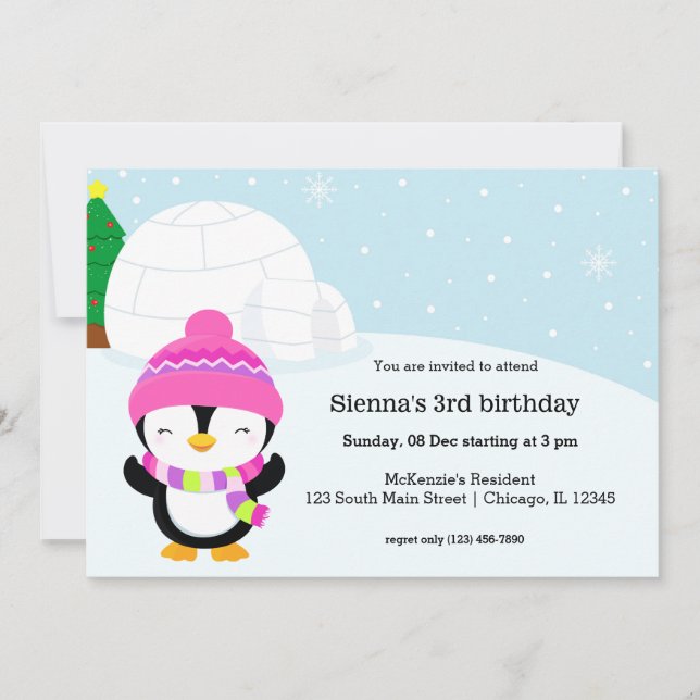 Cute penguin birthday party invitation (Front)