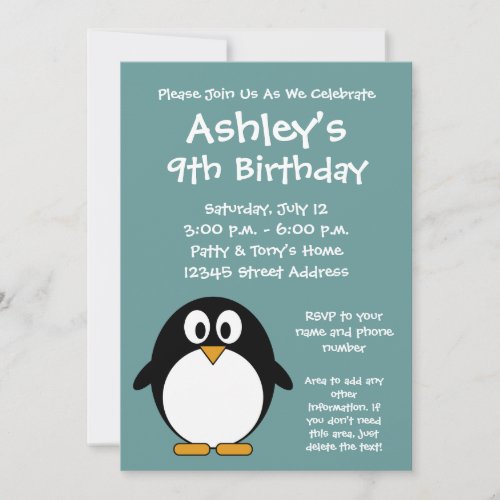 Cute Penguin Birthday Party Invitation