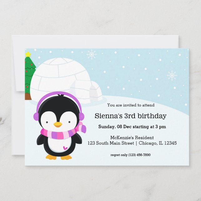 Cute penguin birthday party invitation (Front)