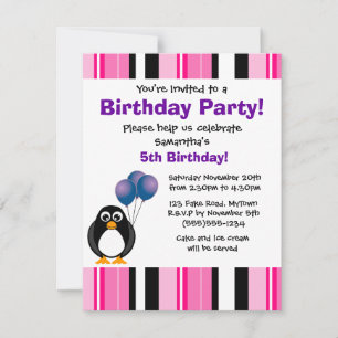 Cute Penguin Birthday Pink Purple Party Invitation