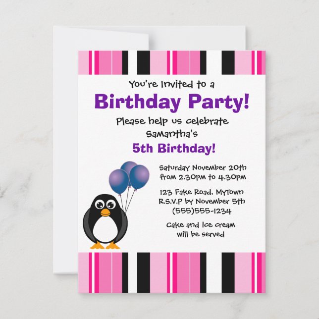 Cute Penguin Birthday Pink Purple Party Invitation (Front)
