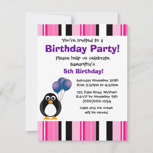 Cute Penguin Birthday Pink Purple Party Invitation