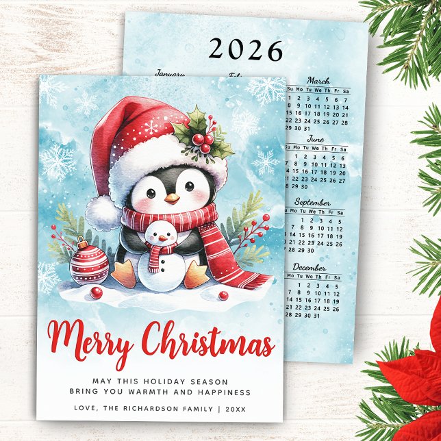 Cute Penguin Blue and Red Merry Christmas Holiday Card (Merry Christmas Card with a Cute Penguin in a Santa Hat, 2026 Calendar on a Backside of the Card)