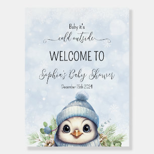 Cute Penguin Blue Baby Shower Welcome Sign