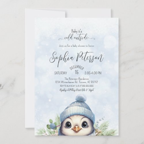 Cute Penguin Blue Boy Winter Baby Shower Invitation