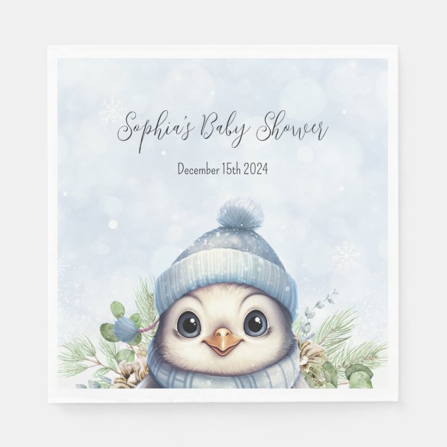 Cute Penguin Blue Boy Winter Baby Shower Napkins (Front)