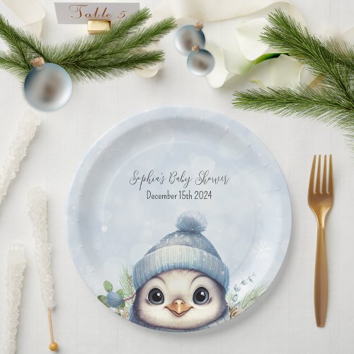 Cute Penguin Blue Boy Winter Baby Shower Paper Plates