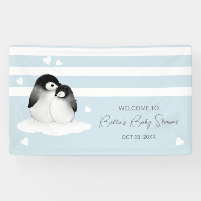 Cute Penguin Blue Grey Baby Shower Banner (Horizontal)