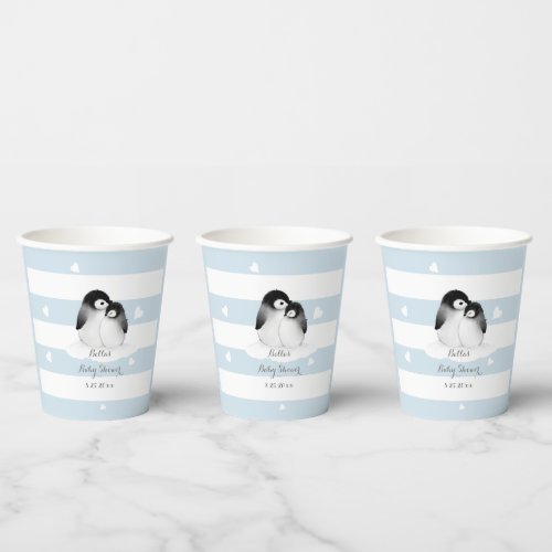 Cute Penguin Blue Grey Baby Shower Paper Cups