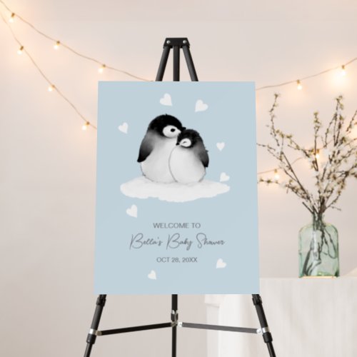 Cute Penguin Blue Grey Baby Shower Party Sign