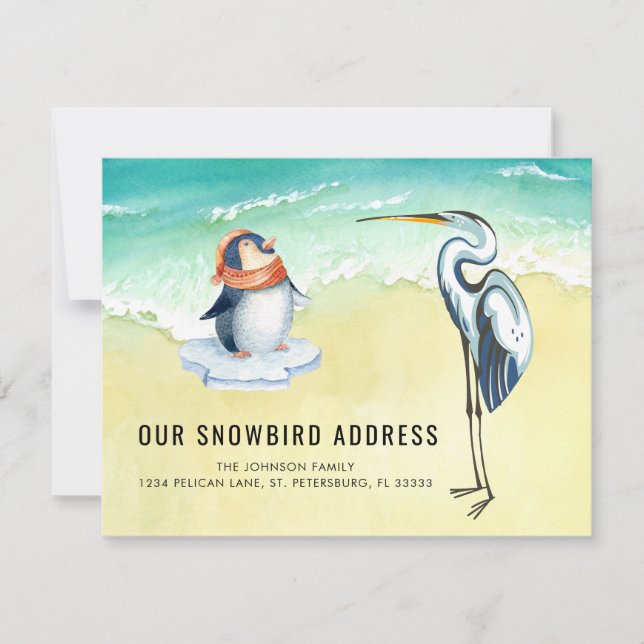 Cute Penguin Blue Heron Beach Scene New Address Announcement (Front)