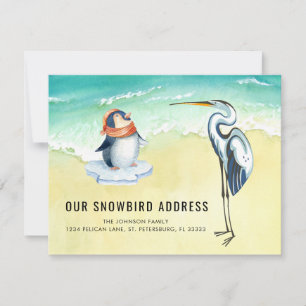 Cute Penguin Blue Heron Beach Scene New Address Announcement