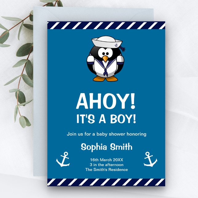 Cute Penguin Blue Nautical Baby Shower Invitation (Creator Uploaded)