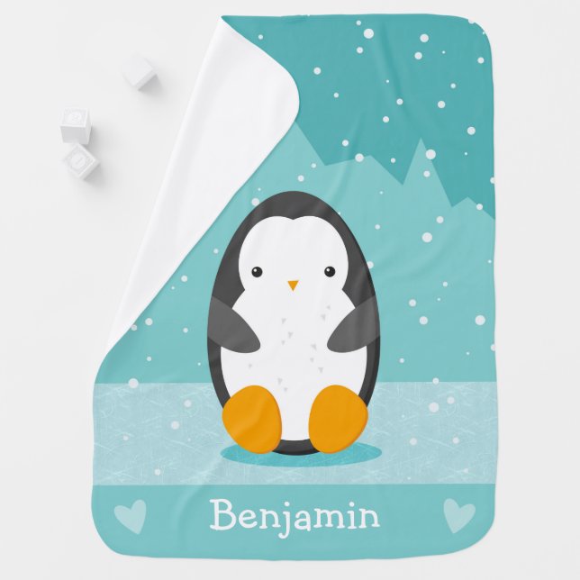 Cute Penguin Blue Winter Cartoon Name Nursery Baby Blanket (In Situ)
