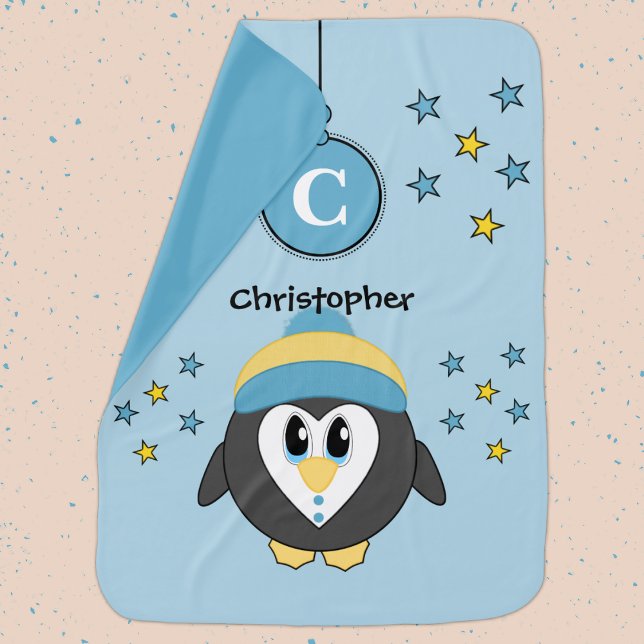 Cute penguin blue yellow stars name baby blanket (Creator Uploaded)
