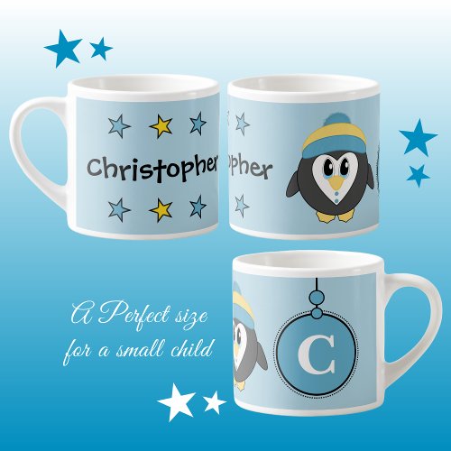 Cute penguin blue yellow with stars childs espresso cup
