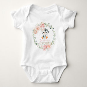 Cute Penguin Blush Floral 1st Birthday Outfit Baby Bodysuit