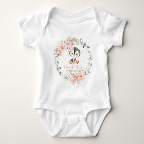 Cute Penguin Blush Floral 1st Birthday Outfit  Baby Bodysuit