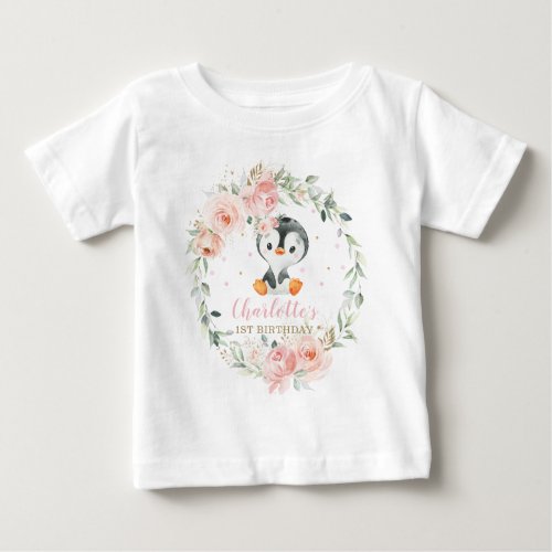 Cute Penguin Blush Floral 1st Birthday Outfit Baby T_Shirt