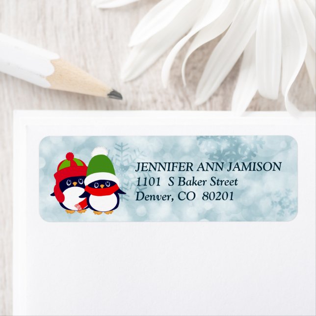 Cute Penguin Bokeh Pattern Christmas Label (Insitu)