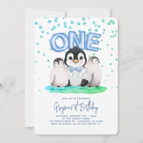 Cute Penguin Boys 1st Birthday Invitation